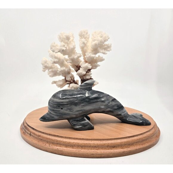 Black & White Marble Dolphin Figurine With Natural Coral Display On Wooden Base - Picture 1 of 11